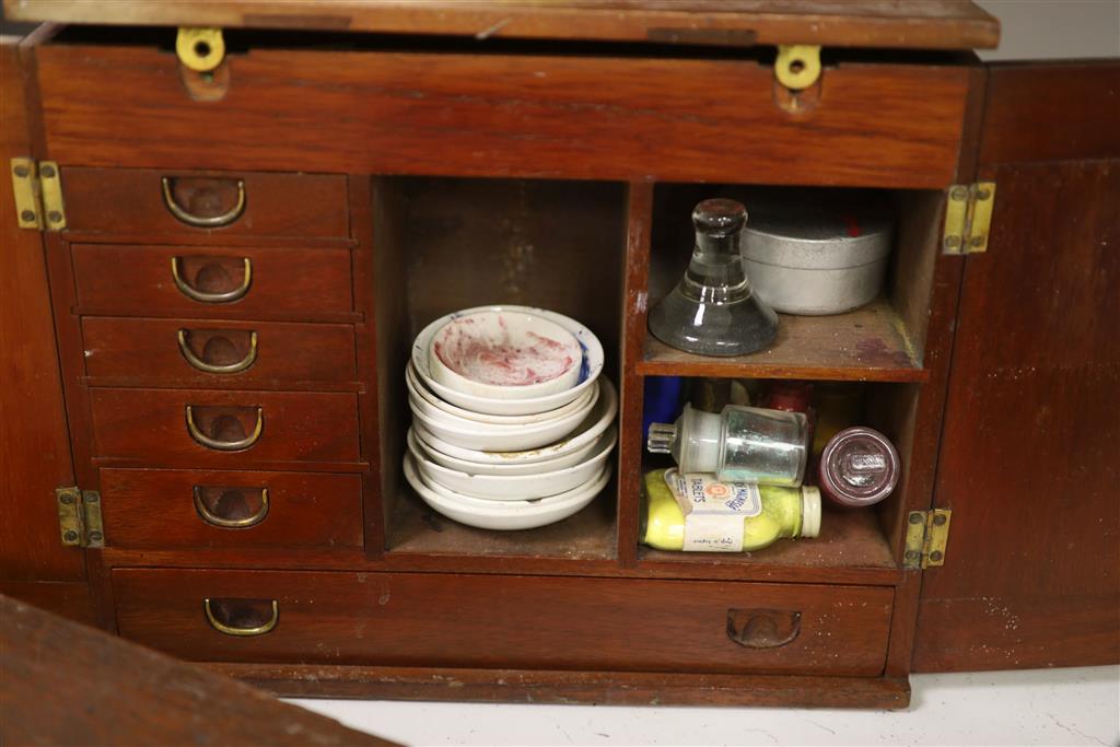 A 19th century mahogany travelling apothecary chest, a walnut writing slope and an oak document box,